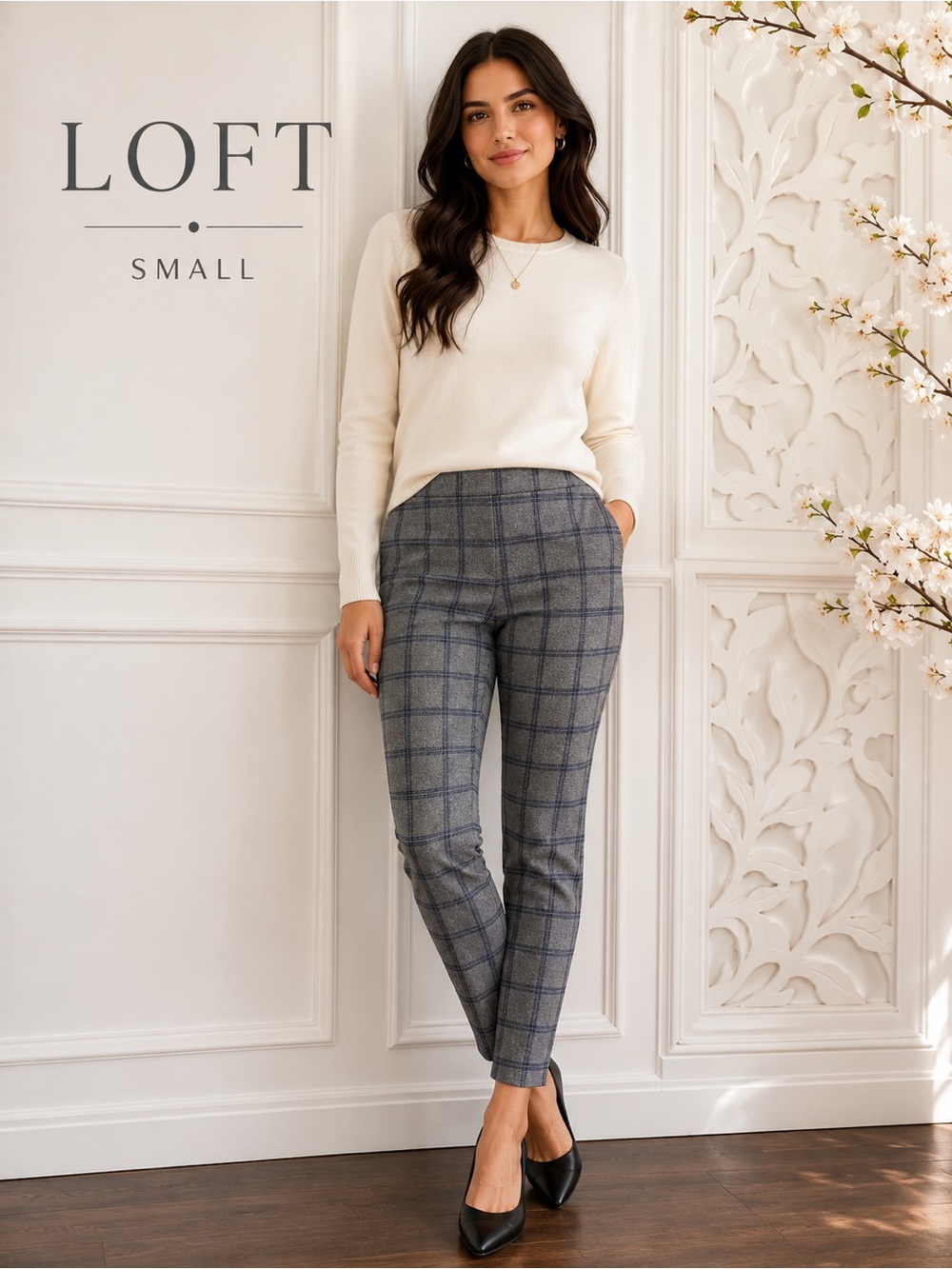 LOFT Small Gray Navy Windowpane Plaid Pull-On Ankle Pants Stretch Knit